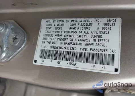 2007 Honda Accord 2.4 Ex z USA, uszkodzony, nr VIN 1HGCM56827A018260